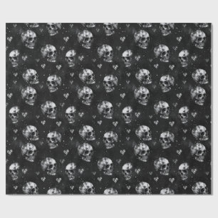 Papel De Presente Cránios e Corações Góticos Preto