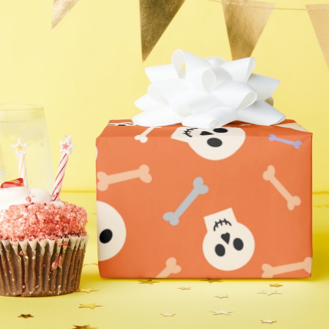 Papel De Presente Crânios e Ossos - Malha do Halloween Laranja (Festa de aniversário)