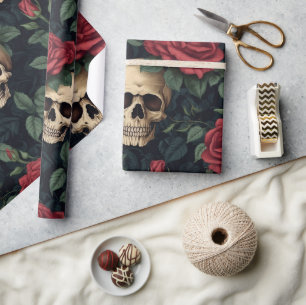Papel De Presente Crânios e Rosas vermelhas