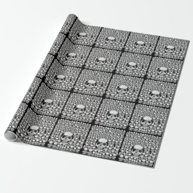 PAPEL DE PRESENTE CRÂNIOS PAREDE MORTE MORTOS ESQUELETO PRETO BRANCO (Desenrolado)