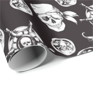 Papel De Presente Crânios piratas padrão branco preto