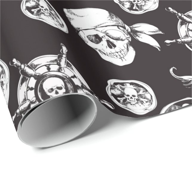 Papel De Presente Crânios piratas padrão branco preto (Ponta do rolo)