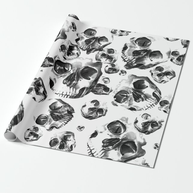 Papel De Presente Crânios Preto e Branco Arte de Crânio Esqueleto Pa (Desenrolado)