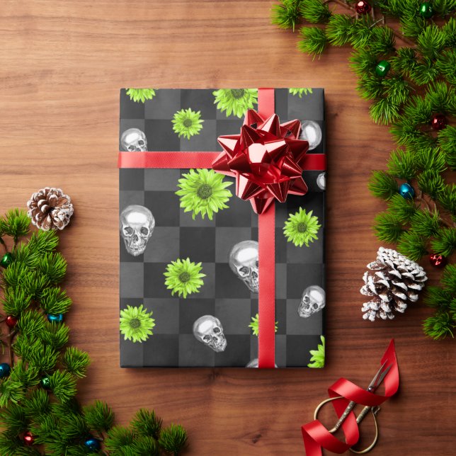 Papel De Presente Crânios Verdes e Série de Girassóis Design 10  (Presente de Natal)