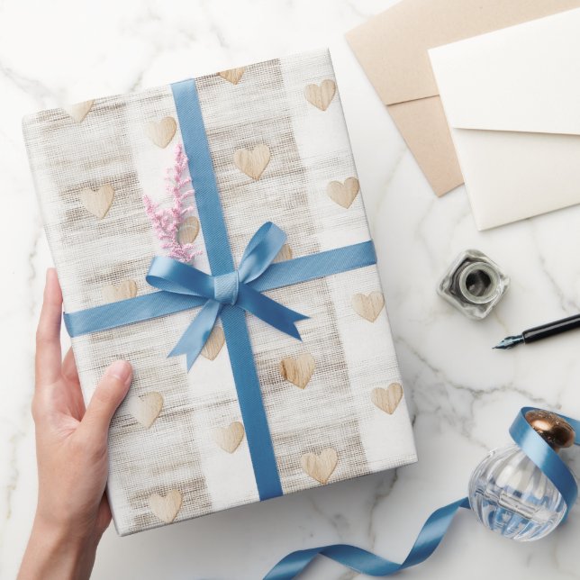 Papel De Presente Cream Boho Hearts & Stripes Aniversário (Presentear)