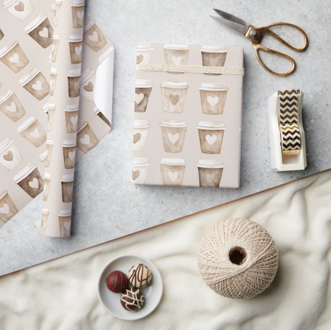 Papel De Presente Cream Coffee Heart Cups (Artesanato)