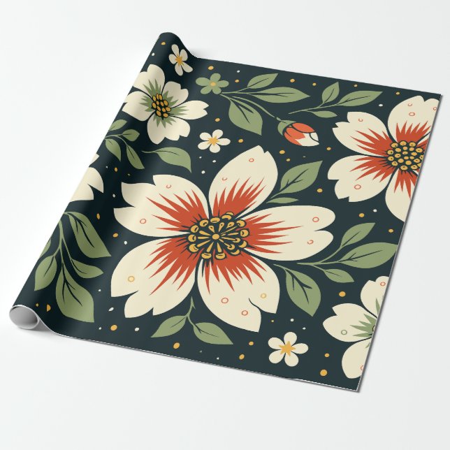 Papel De Presente Cream Flowers with Red Centers & Green Leaves (Desenrolado)