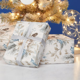 Papel De Presente Cream Poinsettia Blue Floral Natal