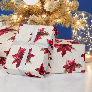 Papel De Presente Cream Red Poinsettia Floral Natal