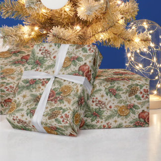 Papel De Presente Cream Vintage Botanical Christmas Citrus Pattern