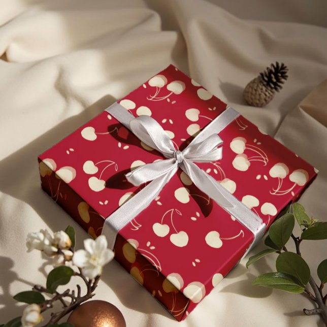 Papel De Presente Cream Watercolor Cherries on Red – Valentine  (Criador carregado)