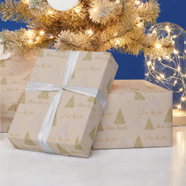 Papel De Presente Creme Beige Dourado Brilhante Árvores de Natal Bri