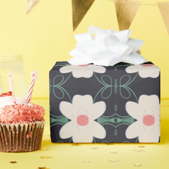 Papel De Presente Creme Beige Floral de Preto (Festa de aniversário)