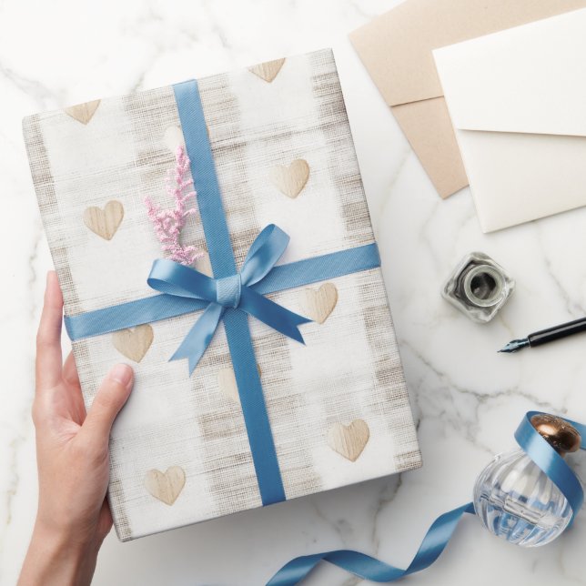 Papel De Presente Creme Branco Bege  Boho Corações Chás de Noiva  (Presentear)