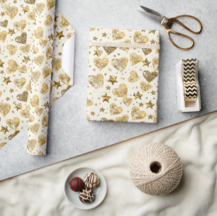 Papel De Presente Creme Com Corações Brilhantes Dourados