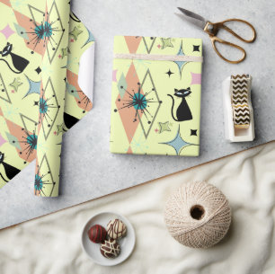 Papel De Presente Creme de Padrão de Estrelas e Gatos Modernos do me