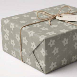 Papel De Presente Creme de Sálvia Verde Narciso Floral Cottagecore