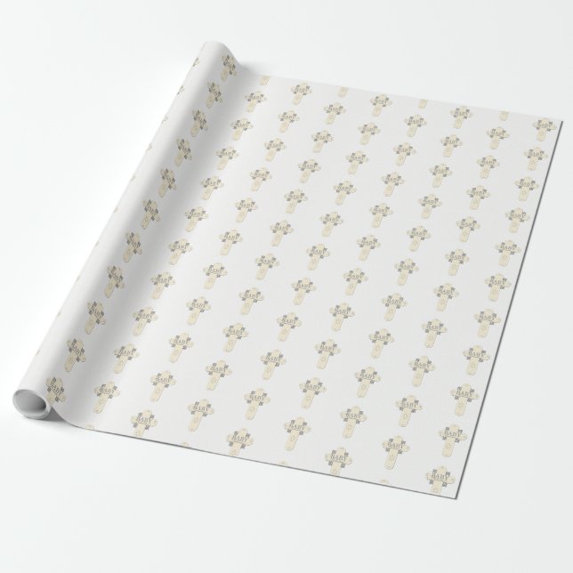 Papel De Presente Creme e Cruz Cinza para Dedicação de Bebê (Desenrolado)