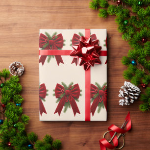 Papel De Presente Creme Elegante Laço de Veludo e Natal de Frutas
