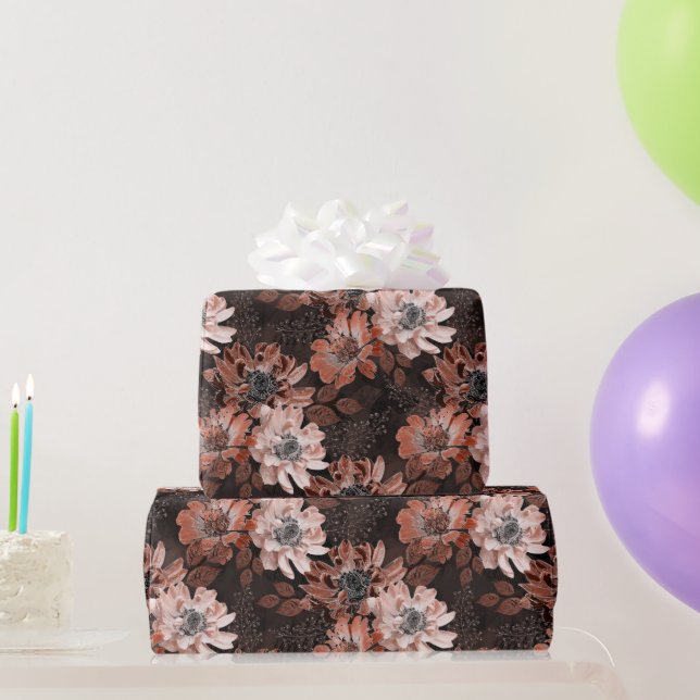 Papel De Presente Creme, flores terracota sobre um fundo marrom escu (Presentes para festas)