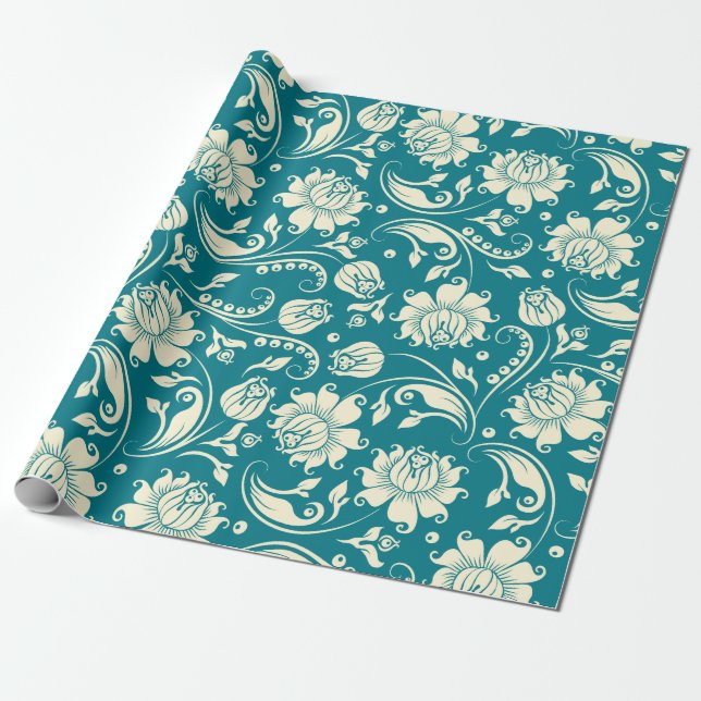 Papel De Presente Creme leve e Damascos Florais Verde-Teal (Desenrolado)