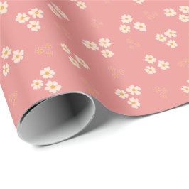 Papel De Presente Creme Retro e Flor de Daisagem Dourada
