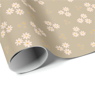 Papel De Presente Creme Retro e Flor de Daisagem Dourada