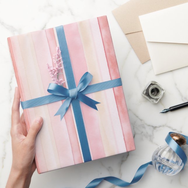 Papel De Presente Creme Rosa Stripes Aniversário (Presentear)