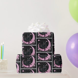 Papel De Presente Crescente Lua Floral Gato Preto Branco Halloween