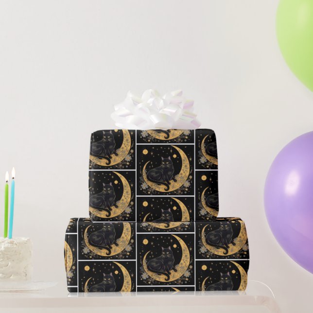 Papel De Presente Crescente Lua Floral Gato Preto Branco Halloween (Presentes para festas)