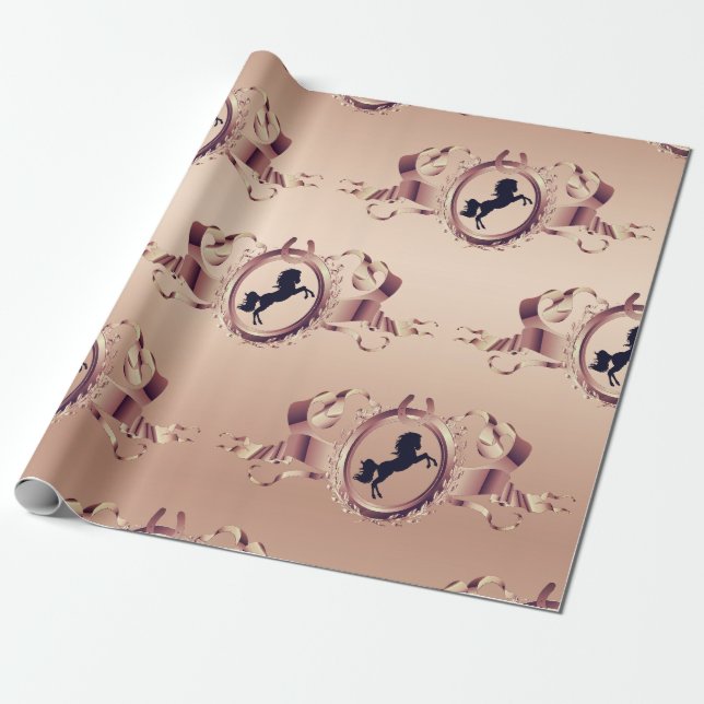 Papel De Presente Crest de Fita Equestre, Dourada, com Rosa Chic (Desenrolado)