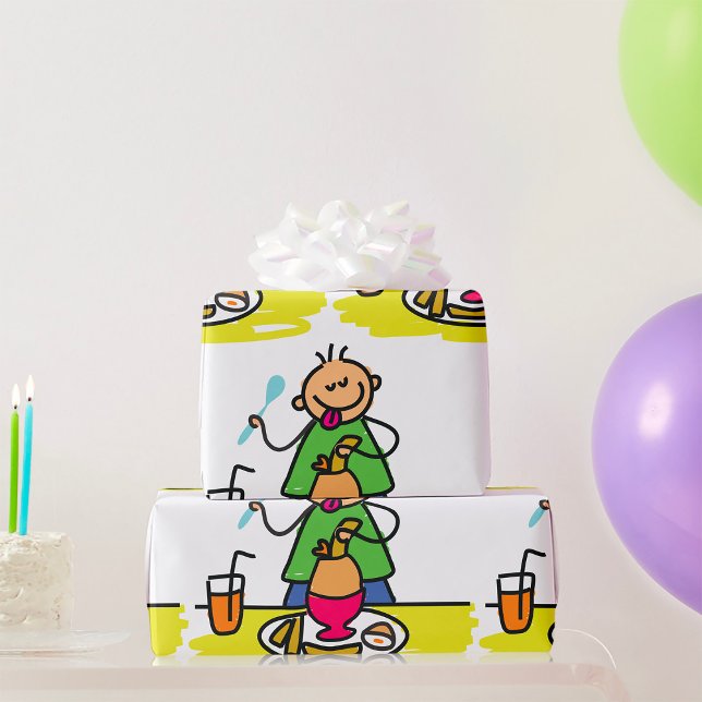 Papel De Presente Criança de desenho gostando de refeição com suco e (Criador carregado)