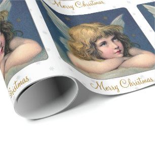 Papel De Presente Criança e flocos de neve do anjo do natal vintage