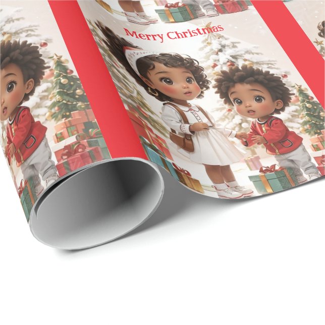 Papel De Presente Crianças Afro-Americanas Feliz Natal (Ponta do rolo)