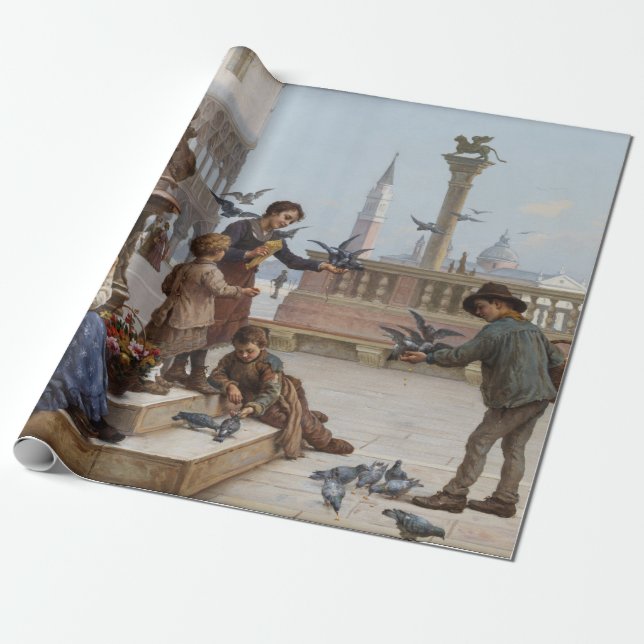 Papel De Presente Crianças alimentando pombos em Veneza (por Paolett (Desenrolado)