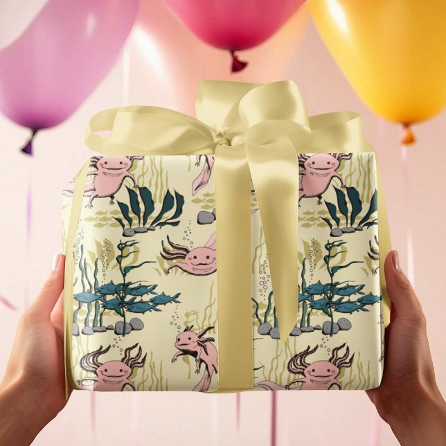 Papel De Presente Crianças Amarelo e Rosa Desenho Axolotl Submarino (Cute Axolotl Underwater Pattern with Hand Drawn Adorable Pink Axolotl and Fish on Yellow Background.)