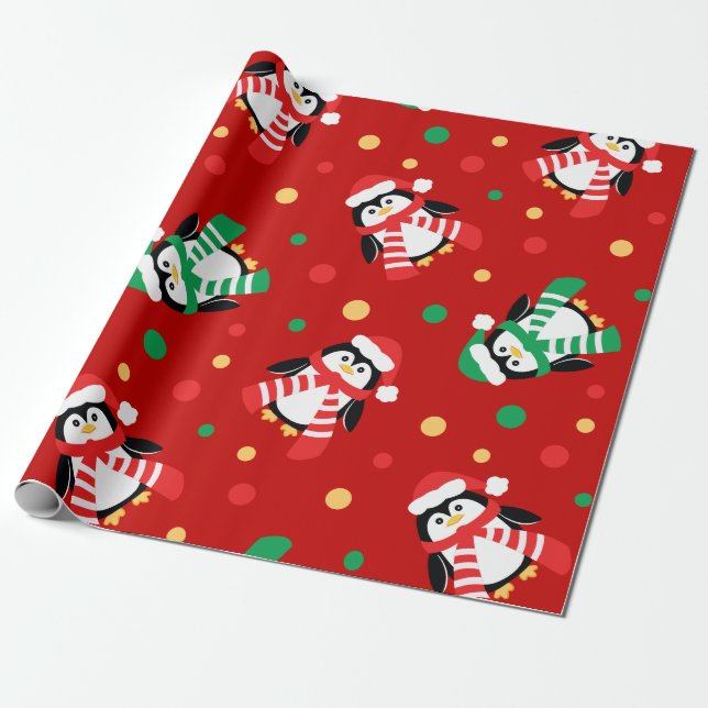 Papel De Presente Crianças bonitos dos pinguins grandes do Natal (Desenrolado)
