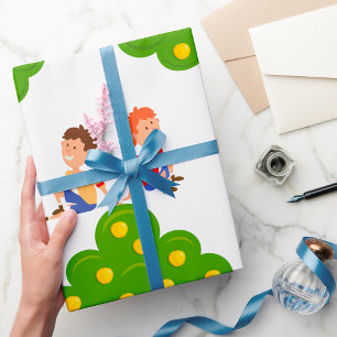 Papel De Presente Crianças Brincalhonas Sentadas Debaixo de uma Maci