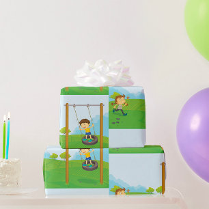 Papel De Presente Crianças Brincando no Balanço de Pneu