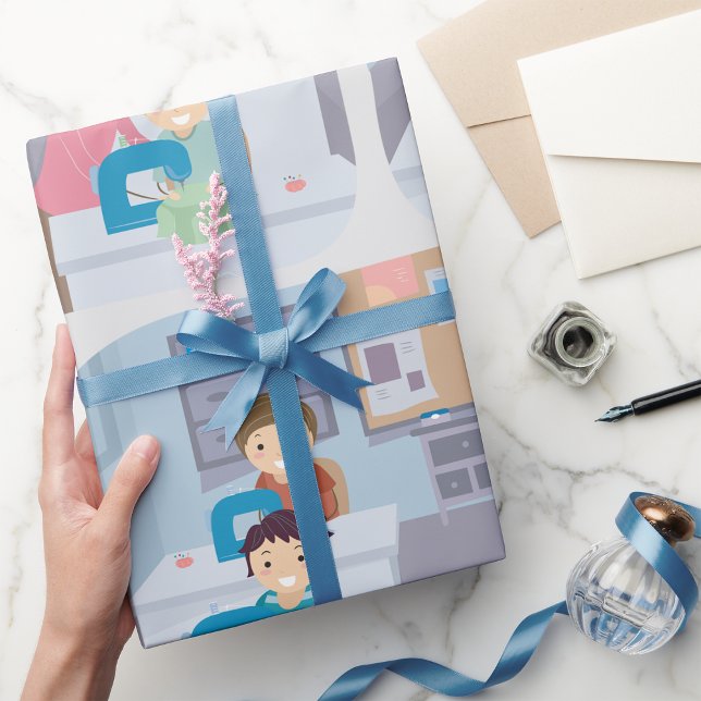 Papel De Presente Crianças Costurando Classe Divertimento Arranjo e  (Criador carregado)