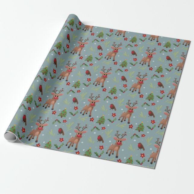 Papel De Presente Crianças de Natal Rudolph Reindeer Feriado de Padr (Desenrolado)