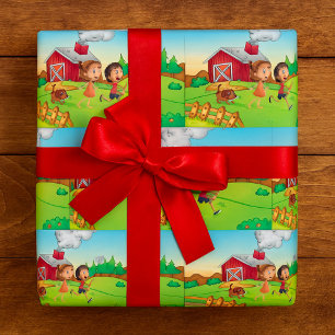 Papel De Presente Crianças Em Uma Fazenda