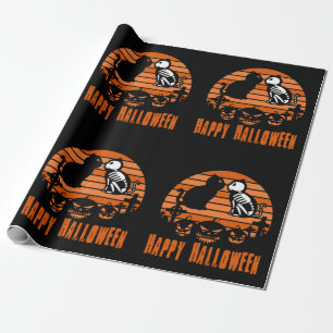 Papel De Presente Crianças Feliz Halloween Skeleton Cat Retro Sunset