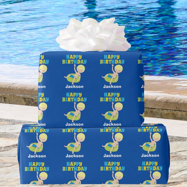 Papel De Presente Crianças Festa de Piscina Blona Nadando Aniversári (Criador carregado)