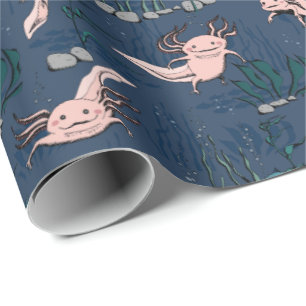 Papel De Presente Crianças Marinho Verde Desenho Axolotl Subaquático