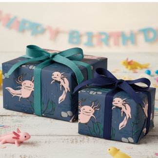 Papel De Presente Crianças Marinho Verde Desenho Axolotl Subaquático