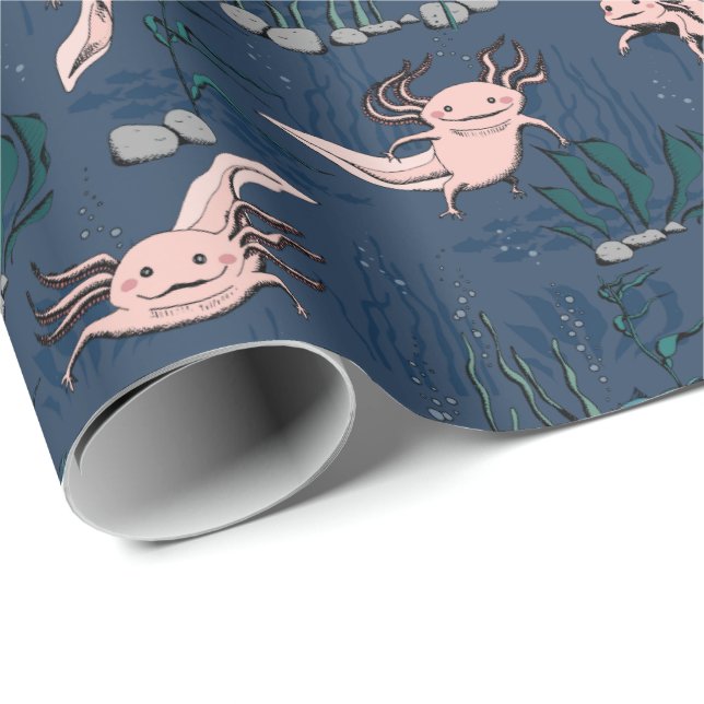 Papel De Presente Crianças Marinho Verde Desenho Axolotl Subaquático (Ponta do rolo)