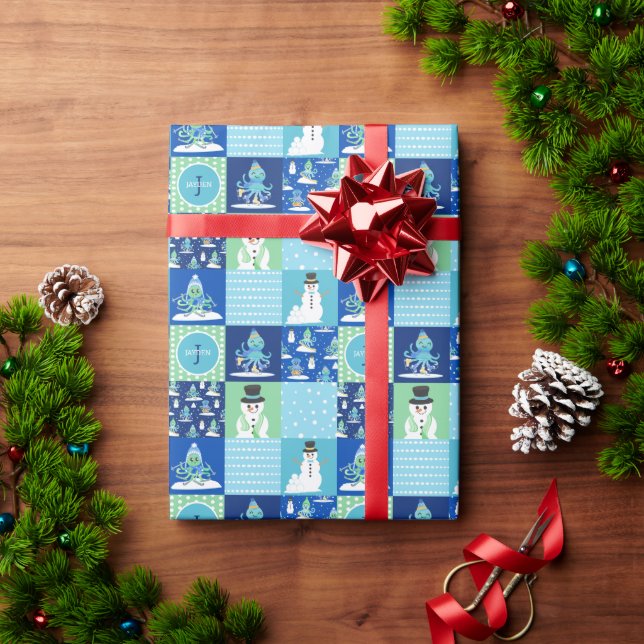Papel De Presente Crianças Octopus Winter Sports Patch Personalizado (Presente de Natal)