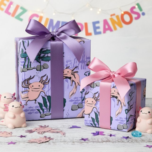 Papel De Presente Crianças Roxo e Verde Desenho Axolotl Submarino (Cute Pet Axolotl Purple Kids Gift Wrap. Mexican Walking Fish Salamander Pattern for Amphibian Lover)