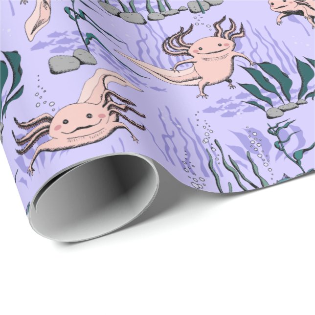 Papel De Presente Crianças Roxo e Verde Desenho Axolotl Submarino (Ponta do rolo)